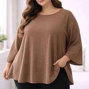 Light Cocoa Brown Rayon Swing Tunic Top 7XL Wide Sleeve Blouse